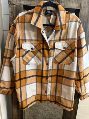 HFX Plaid Shacket Jacket Women’s Medium Yellow Cream Button Front Overshirt
